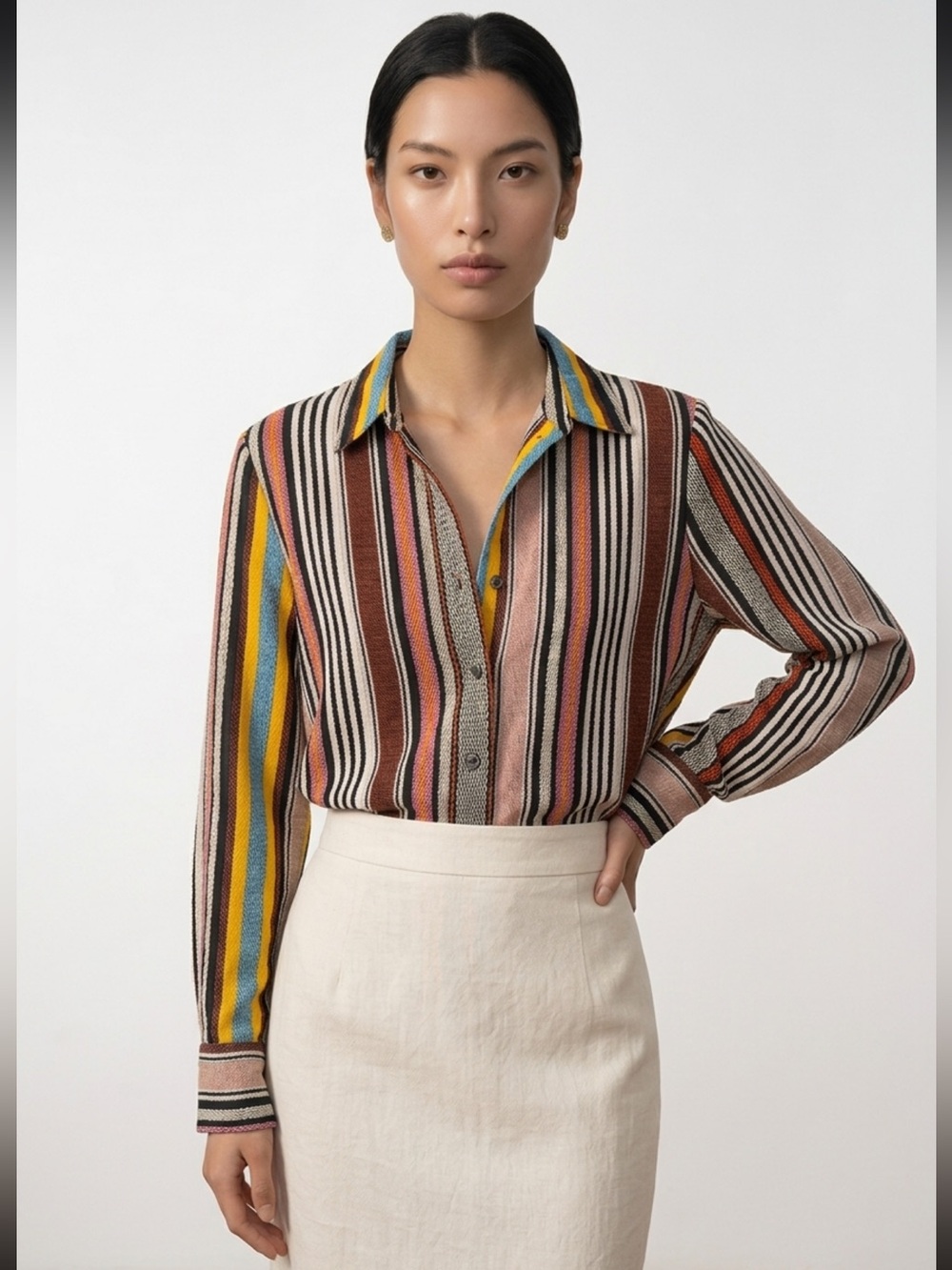 Tory Burch Multicolor Vertical Stripe Button-Down — Brown, Pink, Yellow, Blue